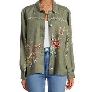 Johnny Was Andrean Relaxed Linen blouse Embroidered Olive Green size M